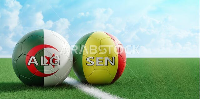 Senegal vs. Algeria Soccer Match - Soccer balls in Senegal and Algerian national colors on a soccer field. Copy space on the right side - 3D Rendering
