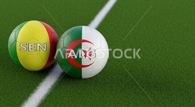 Senegal vs. Algeria Soccer Match - Soccer balls in Senegal and Algerian national colors on a soccer field. Copy space on the right side - 3D Rendering