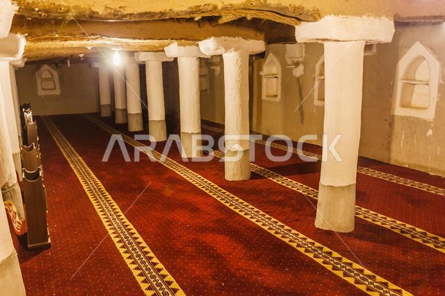The interior of the restored mud brick mosque in the Ushaiqer Heritage Village, Saudi Arabia