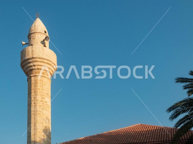 مئذنة المسجد مقابل السماء الزرقاء عند الغروب وشجرة النخيل.