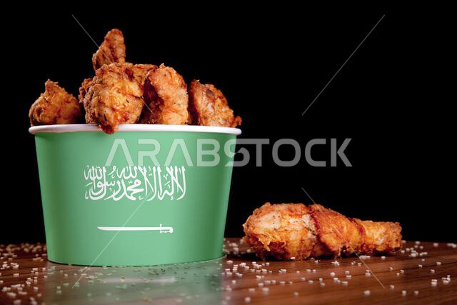 BBQ Chicken wings in bucket flag of Saudi Arabia on a wooden table and black background.