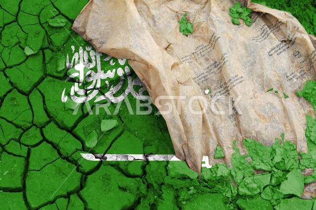 علم المملكة العربية السعودية، مرسوم على أرض متشققة. يرمز هذا إلى مفهوم بيئي يتمثل في التلوث البيئي الناتج عن النفايات المنزلية والصناعية.