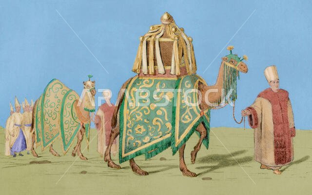 الجمل المقدس وجمل الاحترام. نقش من عمل فيرنييه. بانوراما يونيفرسال. تاريخ الجزيرة العربية، ١٨٥١. تلوين لاحق.