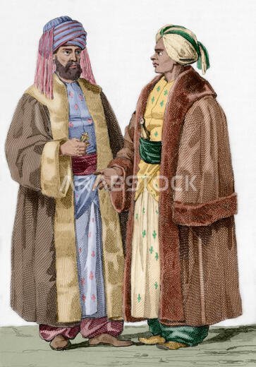 تاريخ الجزيرة العربية. تريف مكة (يسارًا) والشيخ الحارن، والي المدينة المنورة (يمينًا). نقش. Lemaitre direxit. Panorama Universal، تاريخ الجزيرة العربية، 1851. تلوين لاحق.