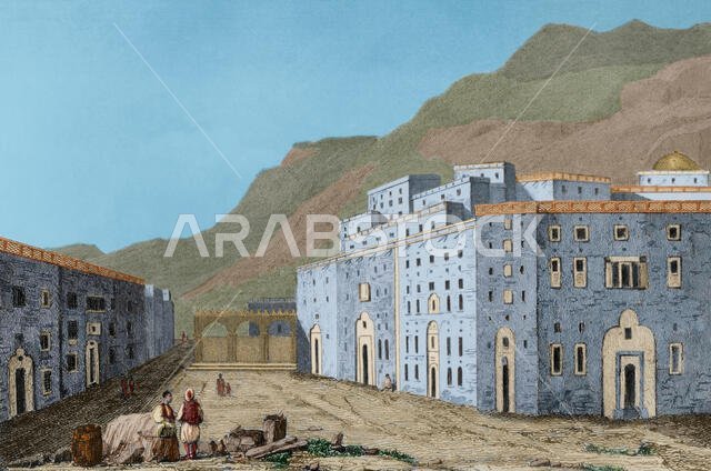 الصفا. مكان مقدس يتكون من ثلاثة أقواس على شارع في مكة المكرمة. نقش. بانوراما يونيفرسال. تاريخ الجزيرة العربية، ١٨٥١. تلوين لاحق.