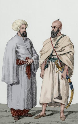 تاريخ الجزيرة العربية. من اليسار إلى اليمين: حارس قبر النبي محمد ومحمدي يرتدي عباءة الحج في أيام الحج. نقش من عمل فيرنييه. لومتر ديريكسيت. بانوراما يونيفرسال. تاريخ الجزيرة العربية، ١٨٥١. تلوين لاحق.