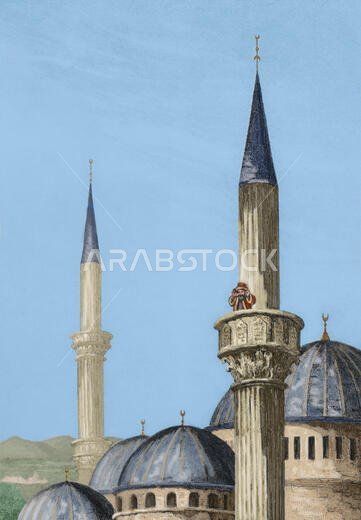 History of Arabia. Muezzin announcing the prayer from the minaret of the mosque. Engraving. Panorama Universal. History of Arabia, 1851. Later colouration.