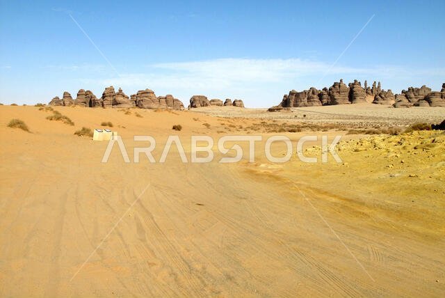 Panoramic view of Madain Saleh, archaeological site with Nabatean tombs in Saudi Arabia (KSA)