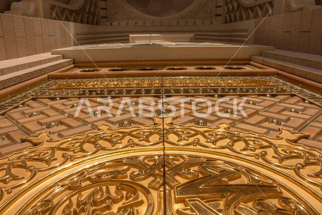 MADINAH, SAUDI ARABIA - AUGUST 2019 : Muslim pilgrims visiting the beautiful Nabawi Mosque destination, the Prophet mosque which has great architectur
