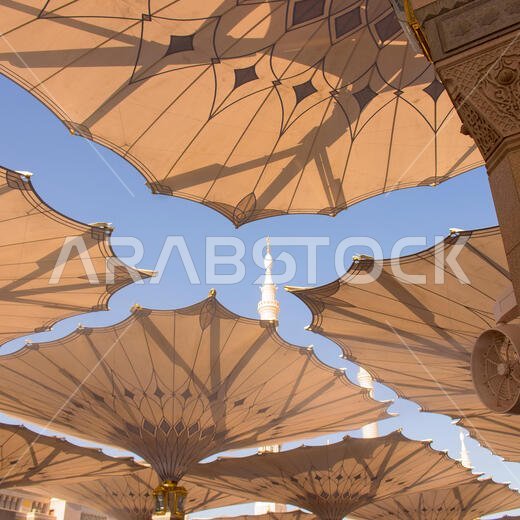 المدينة المنورة، المملكة العربية السعودية - أغسطس 2019: حجاج مسلمون يزورون المسجد النبوي الشريف، وهو وجهة رائعة تتميز بهندسة معمارية مميزة.