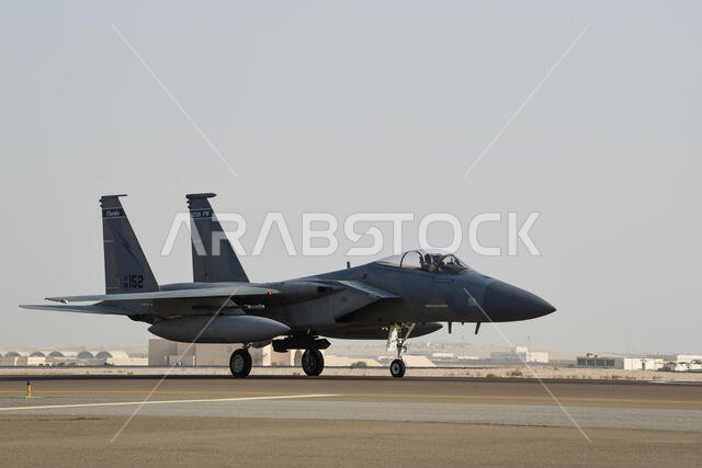 An F-15C Eagle taxis after exercise Hype Eagle Aug. 18, 2019, at Al Dhafra Air Base, United Arab Emirates. The 159th Expeditionary Fighter Squadron forward deployed to Prince Sultan Air Base, Saudi Arabia to challenge their flexibility at expanding tactical and strategical reach while strengthening coalition and regional partnerships in the U.S. Central Command area of responsibility. (U.S. Air Force photo by Tech. Sgt. Jocelyn Ford)