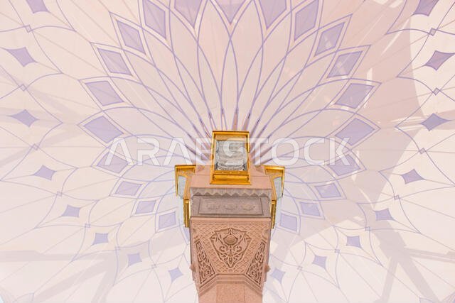 MADINAH, SAUDI ARABIA - AUGUST 2019 : Muslim pilgrims visiting the beautiful Nabawi Mosque destination, the Prophet mosque which has great architectur