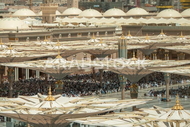 خلال صلاة الجمعة، يصلي آلاف الحجاج المسلمين في المسجد النبوي في وسط المدينة المنورة، المملكة العربية السعودية