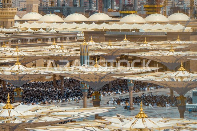 خلال صلاة الجمعة، يصلي آلاف الحجاج المسلمين في المسجد النبوي في وسط المدينة المنورة، المملكة العربية السعودية