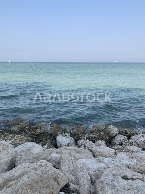 White rocks on the beach in Saudi Arabia, nature background, recreational tourist places, calm and beauty of the sea, scenic beauty of nature, tourism in Saudi Arabia