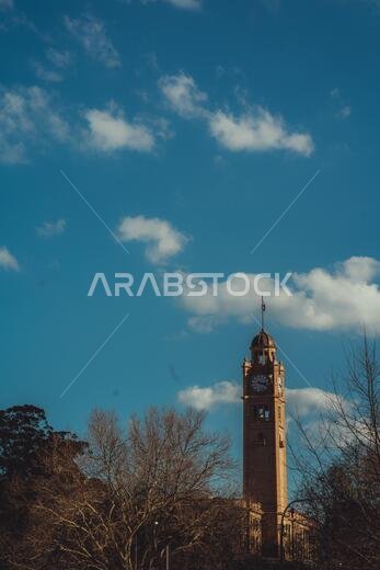 Vertical shot of a clock tower with a blue sky in the background at daytime