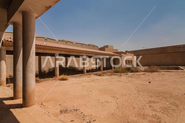 A backyard with a pool of the abandoned luxury villa in Riyadh