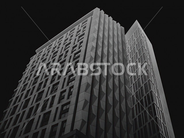 صورة من زاوية سفلية لابراج المركز الملك عبدالله المالي ( كافد ) في الرياض بالمملكة العربية السعودية، الأبراج وناطحات السحاب، معالم الرياض المشهورة، الفن الهندسي المعماري بالسعودية، السياحة في السعودية، خلفية سوداء