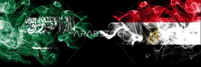 Saudi Arabia Kingdom vs Egypt, Egyptian smoky mystic flags placed side by side. Thick colored silky smoke flags of Arabic, Arabian and Egypt, Egyptian