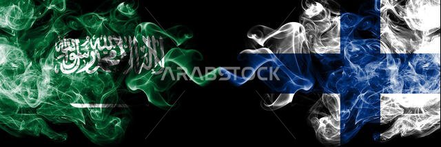 Saudi Arabia Kingdom vs Finland, FInnish smoky mystic flags placed side by side. Thick colored silky smoke flags of Arabic, Arabian and Finland, FInni