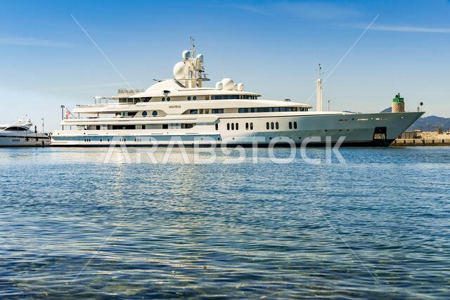 CANNES, FRANCE - APRIL 2019: The superyacht Montkaj berthed in the Port Pierre Canto harbour in Cannes.