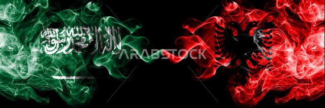 Saudi Arabia Kingdom vs Albania, Albanian smoky mystic flags placed side by side. Thick colored silky smoke flags of Arabic, Arabian and Albania, Alba