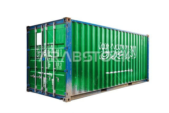 مفهوم الاستيراد والتصدير في المملكة العربية السعودية، ونقل الحاويات، والتوصيل المحلي للبضائع. حاوية النقل التي تحمل العلم الوطني.