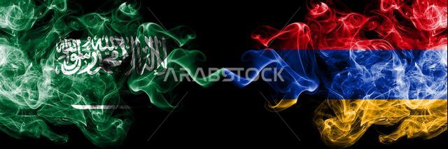 Saudi Arabia Kingdom vs Armenia, Armenian smoky mystic flags placed side by side. Thick colored silky smoke flags of Arabic, Arabian and Armenia, Arme