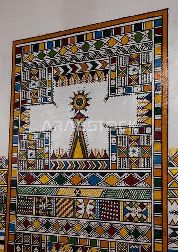 Al-qatt al-asiri traditionally female interior wall decoration in a house, Asir province, Rijal Alma, Saudi Arabia