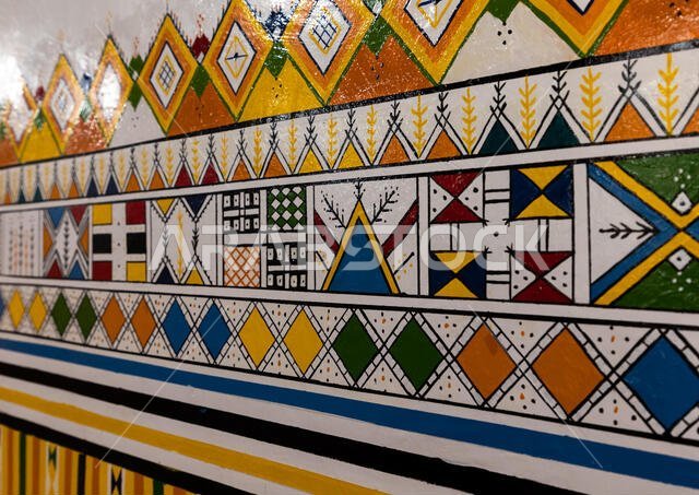 Al-qatt al-asiri traditionally female interior wall decoration in a house, Asir province, Rijal Alma, Saudi Arabia