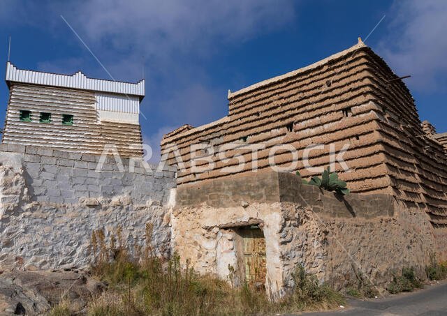 Stone and mud houses with slates in al Khalaf village, Asir province, Sarat Abidah, Saudi Arabia