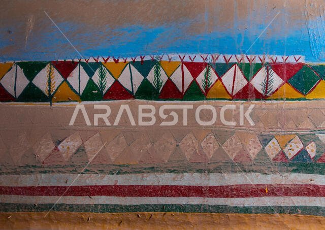 Al-qatt al-asiri traditionally female interior wall decoration in an abandonned house, Asir province, Sarat Abidah, Saudi Arabia