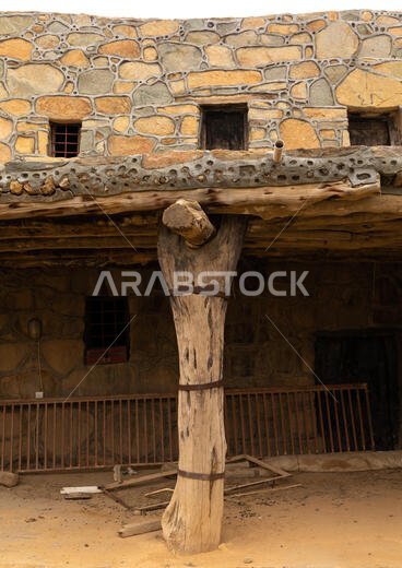 Old pillar house built in stones in heritage village, Asir province, Al Olayan, Saudi Arabia