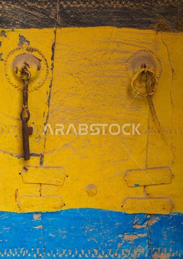 Old colorful door in al Khalaf village, Asir province, Sarat Abidah, Saudi Arabia