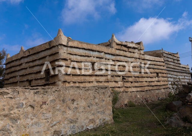 Stone and mud houses with slates in al Khalaf village, Asir province, Sarat Abidah, Saudi Arabia