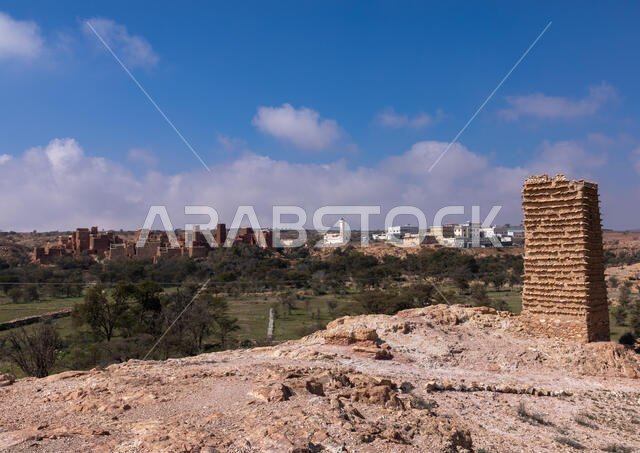 Aerial view of stone and mud watchtower with slates in a village, Asir province, Sarat Abidah, Saudi Arabia
