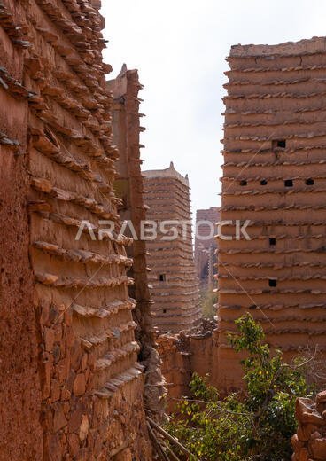 Red stone and mud houses with slates in a village, Asir province, Sarat Abidah, Saudi Arabia