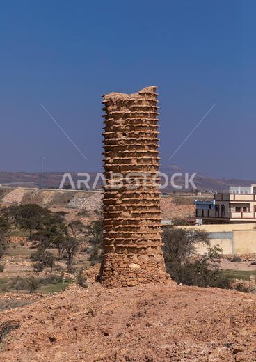 Aerial view of stone and mud watchtower with slates in a village, Asir province, Sarat Abidah, Saudi Arabia