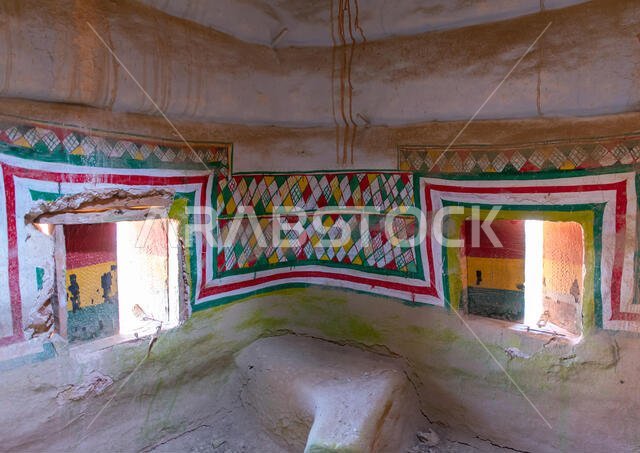 Al-qatt al-asiri traditionally female interior window decoration in an abandonned house, Asir province, Sarat Abidah, Saudi Arabia