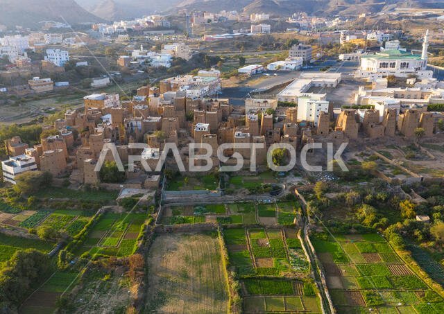 Aerial view of an old village with traditional mud houses, Asir province, Dhahran Al Janub, Saudi Arabia