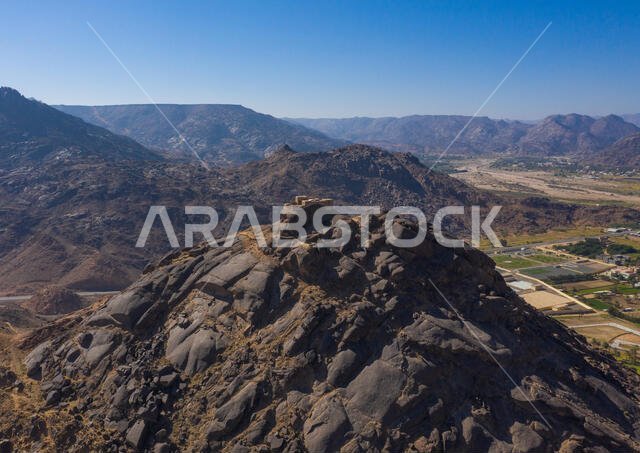 Aerial view of a fort on a rocky hill, Najran Province, Najran, Saudi Arabia