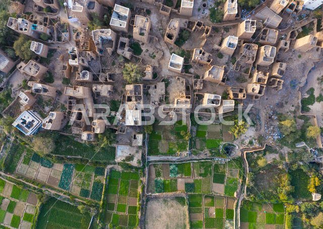 Aerial view of an old village with traditional mud houses, Asir province, Dhahran Al Janub, Saudi Arabia