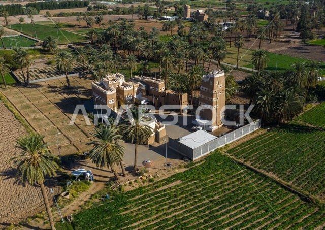 Aerial view of a traditional old mud house, Najran Province, Najran, Saudi Arabia