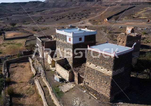 Aerial view of stone and mud houses with slates, Asir province, Sarat Abidah, Saudi Arabia