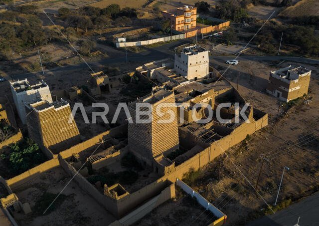 Aerial view of stone and mud houses with slates, Asir province, Ahad Rufaidah, Saudi Arabia