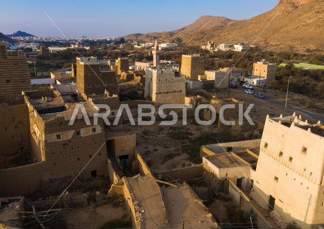 Aerial view of an old village with traditional mud houses, Asir province, Ahad Rufaidah, Saudi Arabia