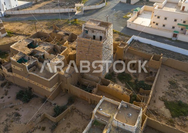 Aerial view of stone and mud houses with slates, Asir province, Ahad Rufaidah, Saudi Arabia