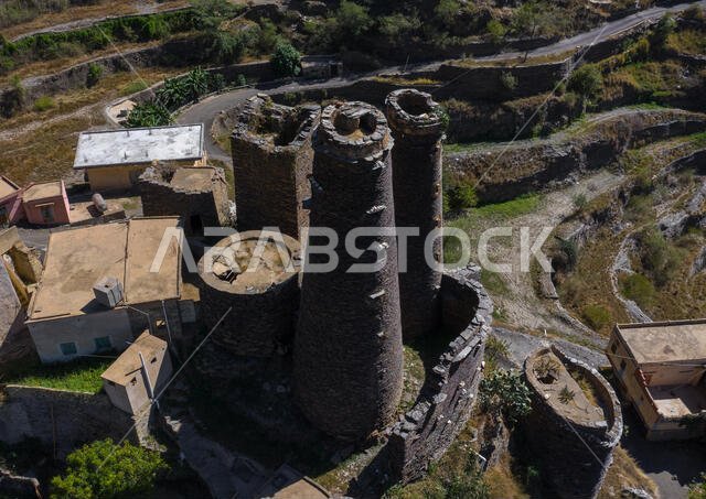 Aerial view of traditional stone watchtowers, Jizan Province, Addayer, Saudi Arabia