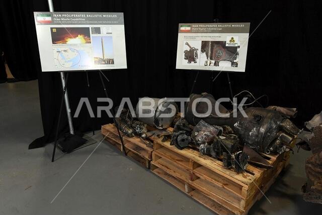 A display shows recovered Iranian Qiam class ballistic missile remnants at Joint Base Anacostia-Boling in Washington, D.C. Jan. 24, 2018. Missile remnants from two Qiam missiles fired into Saudi Arabia from Yemen’s Houthi rebels in 2017, are now part of a multi-national collection of evidence proving Iranian weapons proliferation in violation of United Nations resolutions 2216 and 2231.