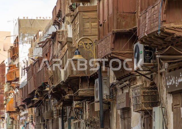 Old houses with wooden mashrabiyas in al-Balad quarter, Mecca province, Jeddah, Saudi Arabia